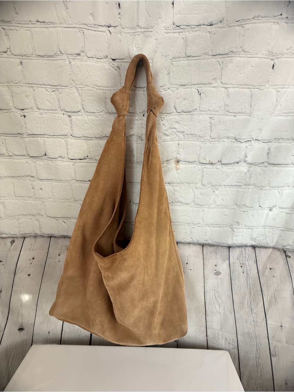 American Leather Knotted Suede Shoulder Bag in Camel Tan